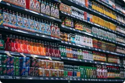 Supermarket shelf with various drinks